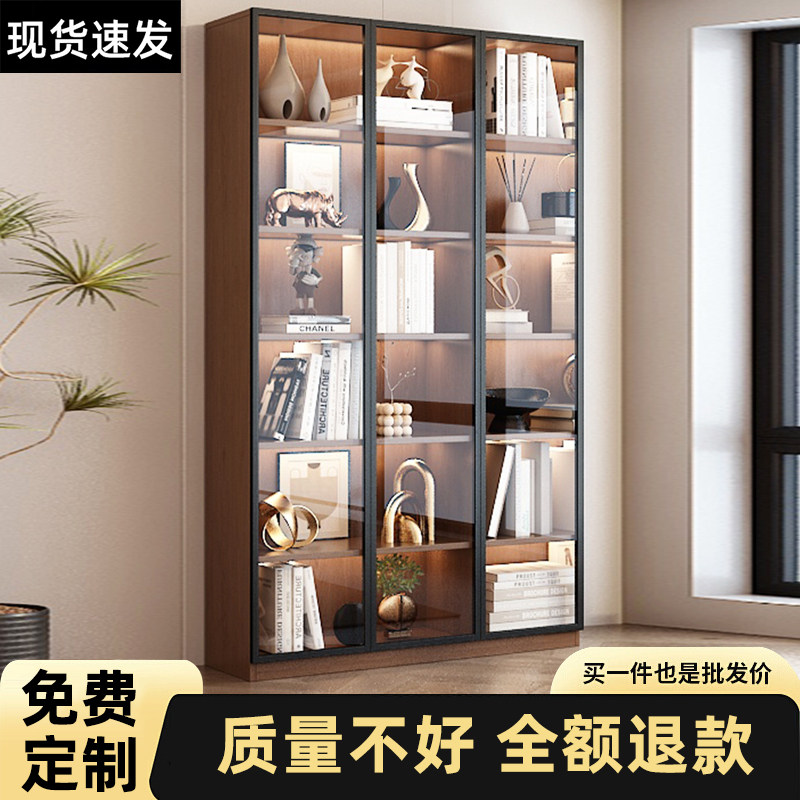 胡桃色玻璃门可定制满墙组合书柜