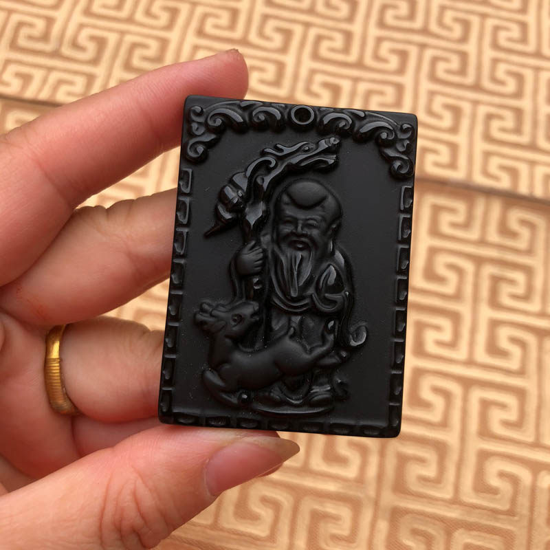长命百岁老寿星黑曜石证书吊坠