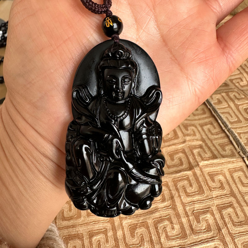 嫣芝美玉男士黑曜石观音玉佩项链