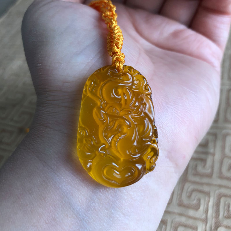 黄玉龙玉佩项链天然玛瑙生肖钥匙扣祥龙护主玉石挂件龙吊坠送证书