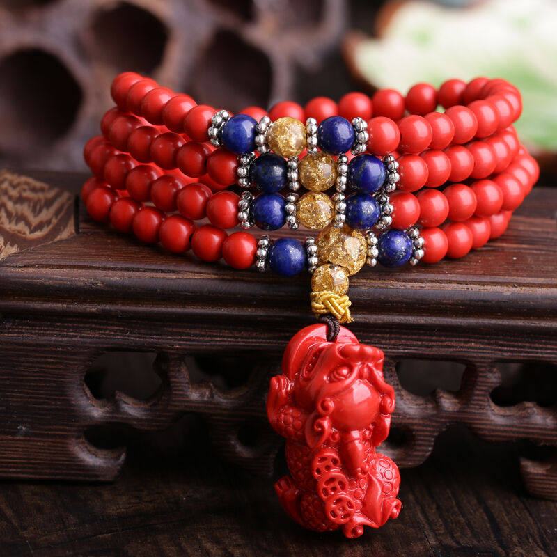 台湾原色朱砂帝王红招财貔貅佛珠手链男女貔貅项链送证书