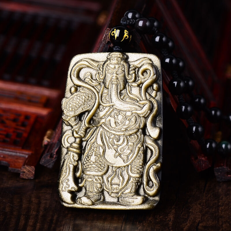 天然黑曜石武财神证书关公吊坠