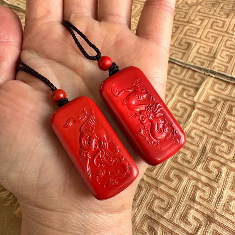 火凤凰玉佩项链台湾原矿朱砂吊坠龙腾四海玉牌挂件情侣龙凤钥匙扣