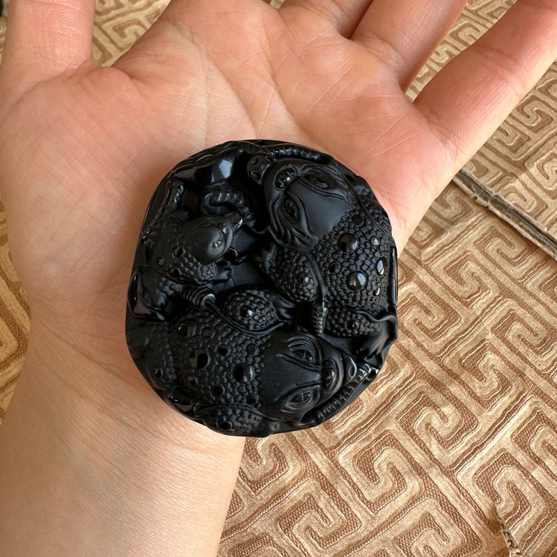 金蟾玉佩项链天然黑曜石三蟾拱福护主吊坠男士饰品三禅蟾献宝挂件