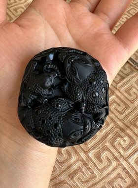 金蟾玉佩项链天然黑曜石三蟾拱福护主吊坠男士饰品三禅蟾献宝挂件