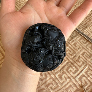 金蟾玉佩项链天然黑曜石三蟾拱福护主吊坠男士饰品三禅蟾献宝挂件