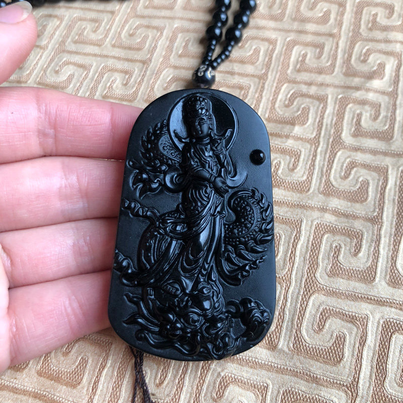 嫣芝美玉男士黑曜石观音项链玉佩
