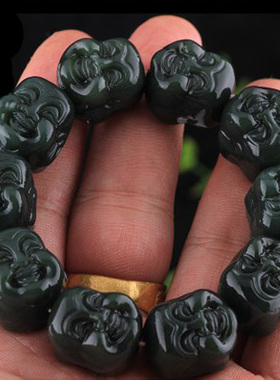 佛头手链天然和田青玉弥勒佛头手链玉串男女手链证书