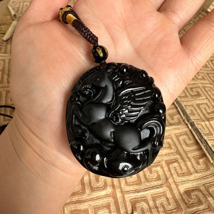 飞黄腾达玉佩项链天然黑曜石生肖马吊坠马到成功男女玉挂件送证书