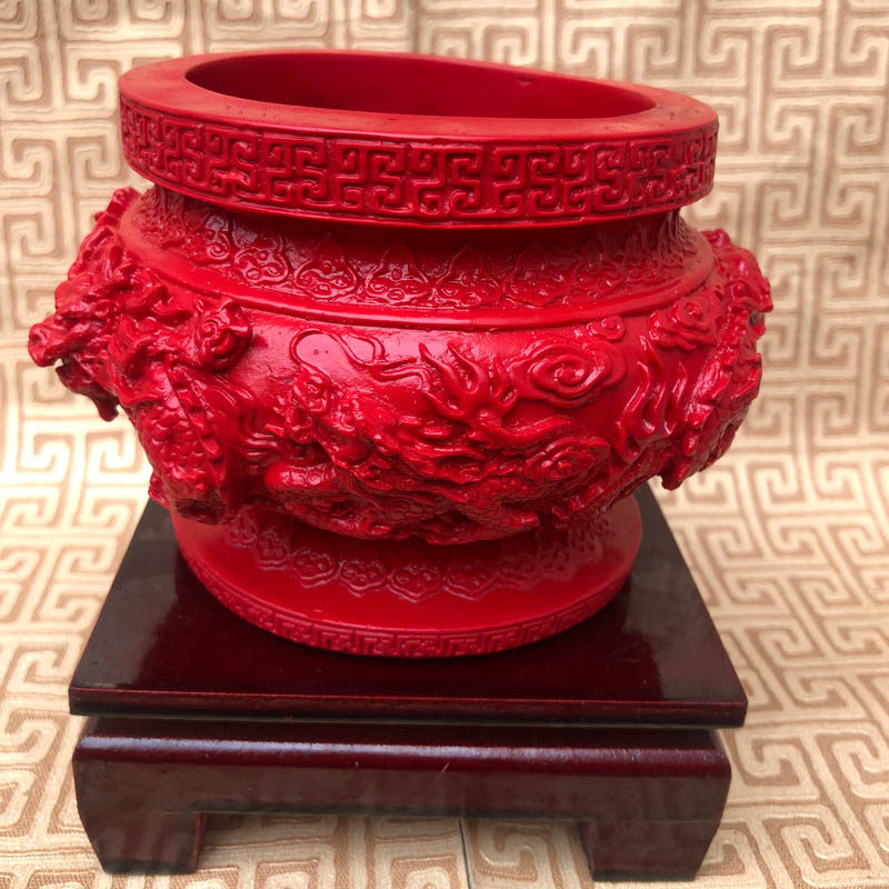 双龙戏珠香炉台湾原色朱砂帝王红香炉生肖龙头摆件送证书