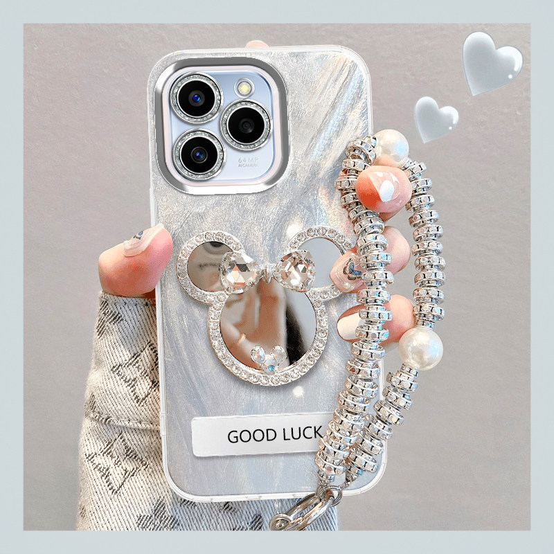 适用于oppoReno15手机壳羽纱米奇镜子Reno15pro简约电镀银PLW110硅胶软壳opo奢华感带手链PLV110镜头膜保护套