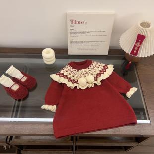 新年款女童针织连衣裙25冬季红色喜庆过年公主裙儿童中长款毛衣裙