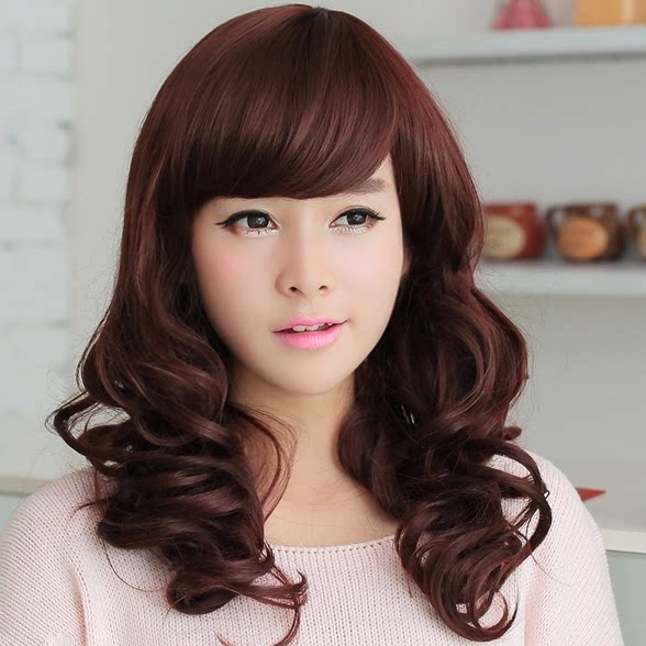 女士梨花头女士假发长卷发 斜刘海蓬松假头发 女生逼真整顶假发套