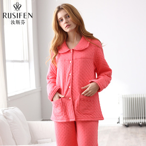 汝斯芬商场同款薄夹棉春天睡衣女秋冬长袖纯棉夹层加厚家居服套装