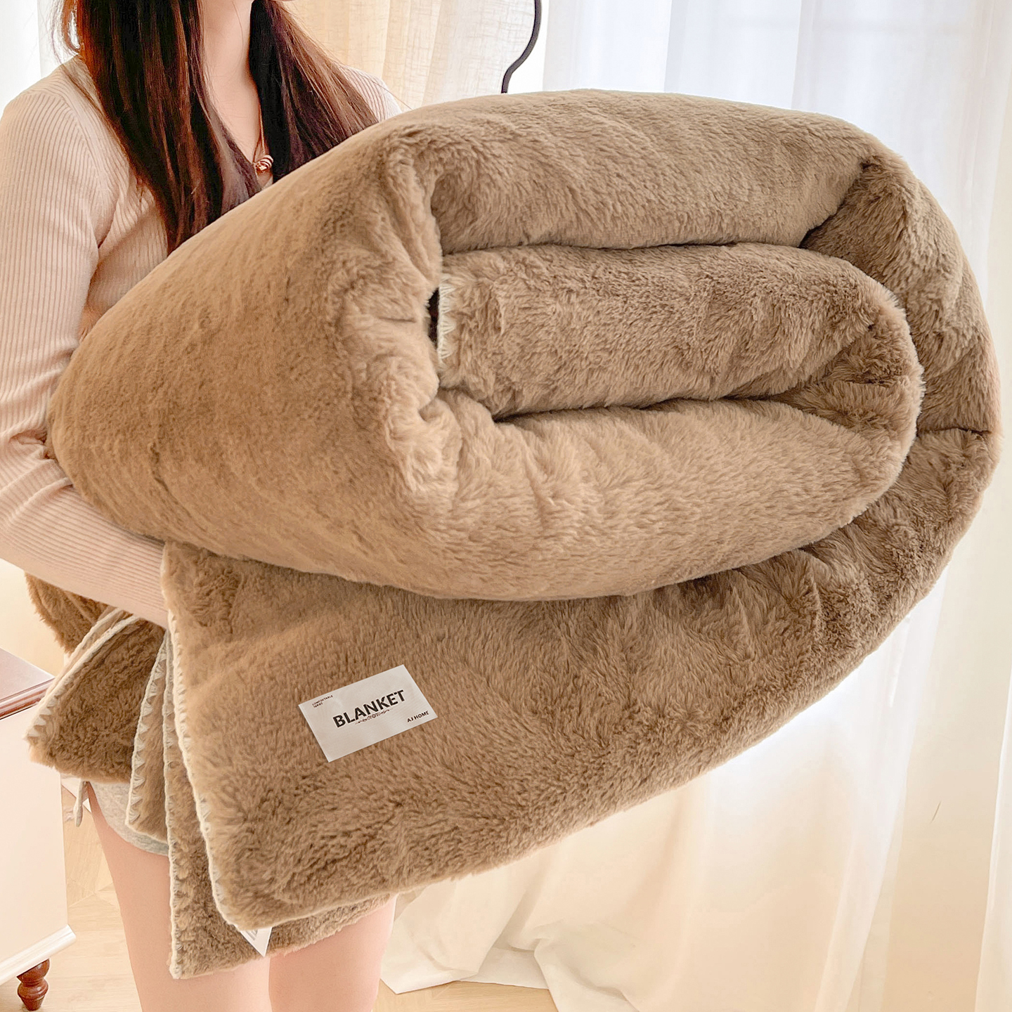 兔毛绒冬季办公室加绒保暖毯子