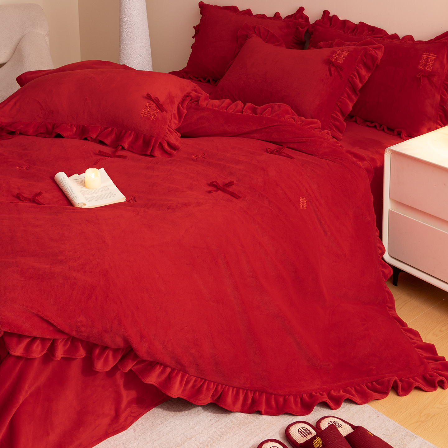 冬季新婚大红色四件套婚庆牛奶绒
