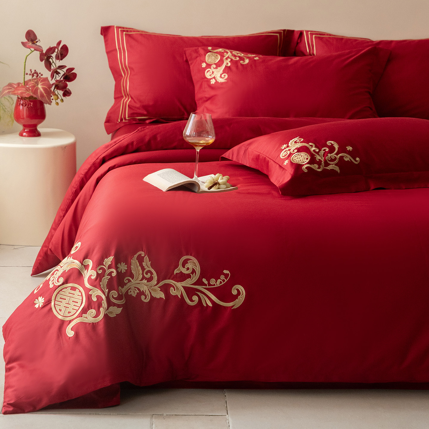 高端婚庆结婚四件套纯棉全棉2025新款红色喜被婚床单被套床上用品,床上用品,婚庆床品套件,淘宝优惠券,粉丝福利购,淘宝优惠卷