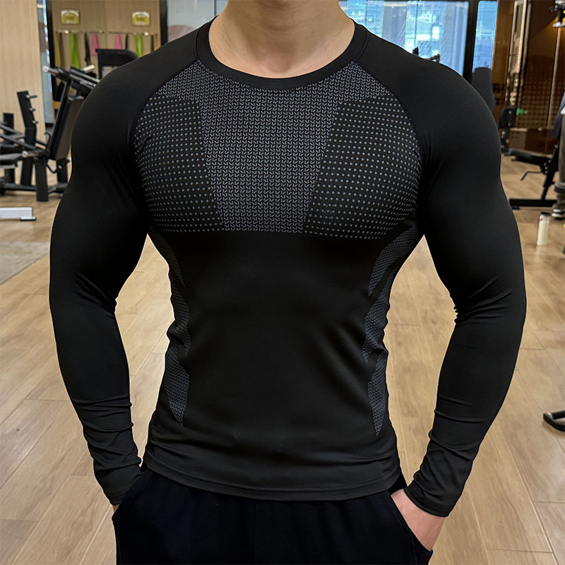 秋冬季健身服男透气高弹力速干T恤显大运动紧身衣训练长袖打底衫