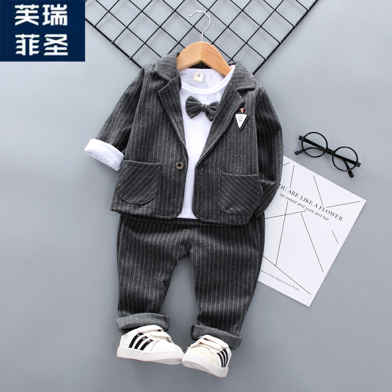 新款 男宝西装外套6-12八个月棉质小孩帅气开裆裤套装宝宝衣服一