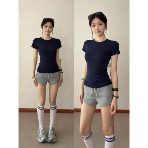 藏青纯棉美式修身显瘦T恤女短袖