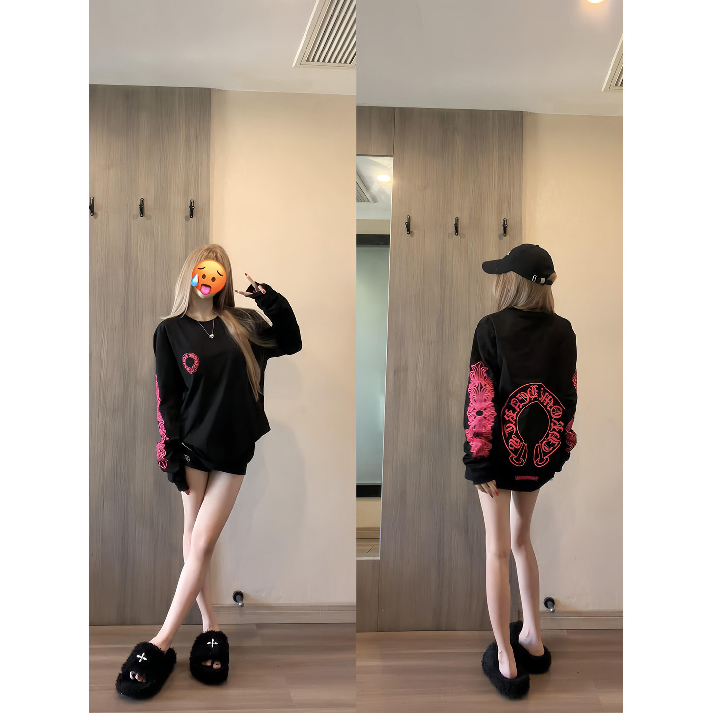 美式高街梵文花臂印花长袖t恤女秋季新款潮牌宽松显瘦情侣装上衣