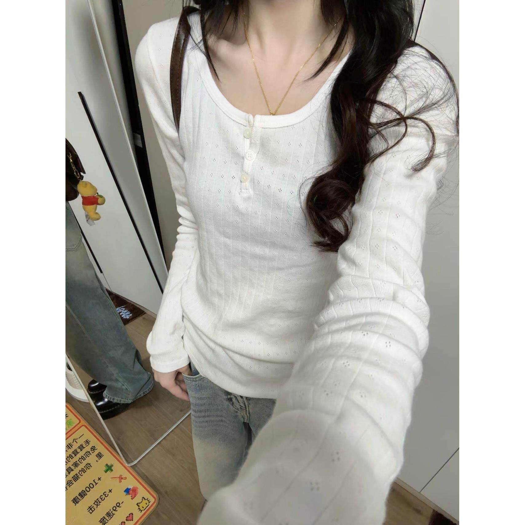 韩系bm风白色V领三粒纽扣长袖t恤女早春修身设计感小众打底衫上衣