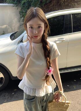 白色蕾丝边下摆短袖t恤女2026夏季新款甜美设计感正肩小个子上衣