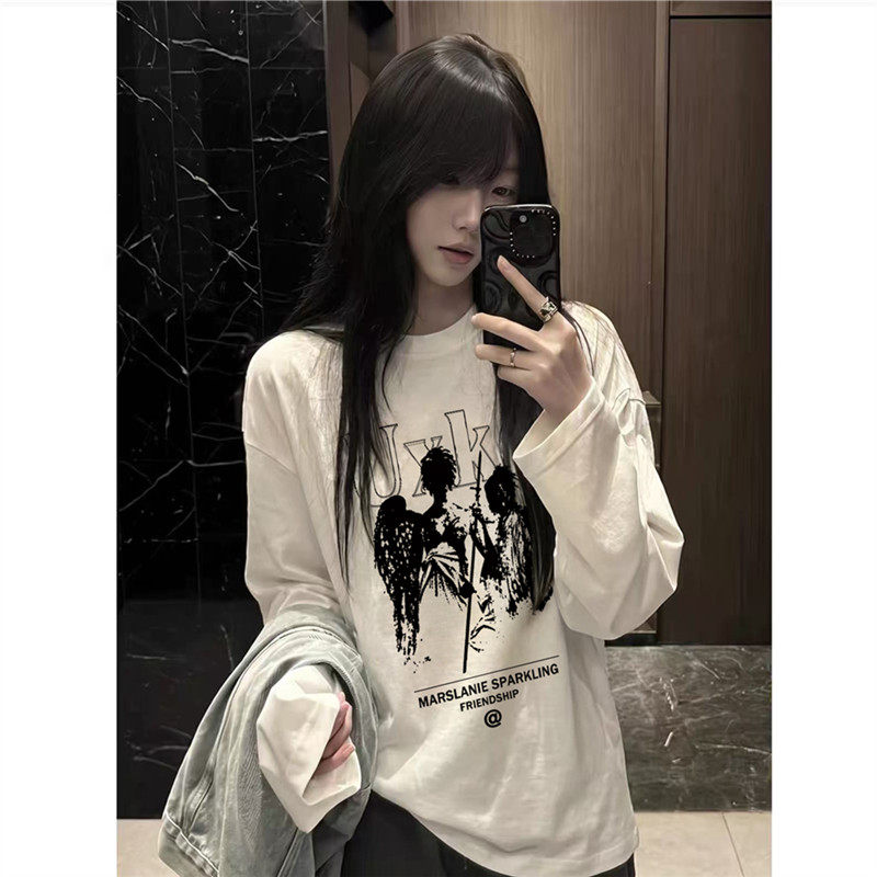 纯棉欧货美式暗黑天使长袖t恤女秋季宽松oversize高街设计感体恤