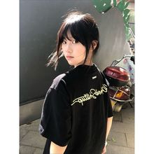 美式高街纯棉宽松刺绣字母黑色短袖正肩t恤女夏季潮牌设计感上衣