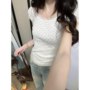 修身 t恤女夏季 小个子显瘦紧身上衣 韩系碎花满印蕾丝花边短袖 美式