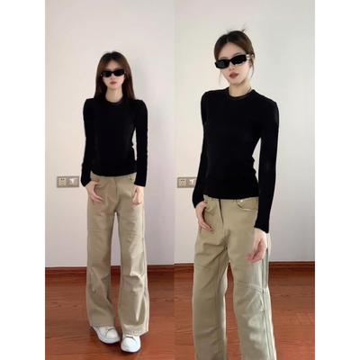 美式复古黑色正肩长袖t恤女春秋冬季内搭打底衫修身显瘦辣妹上衣