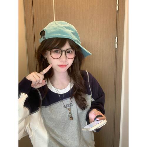 美式复古哈苏线撞色宽松卫衣女