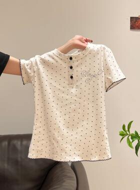 甜美风白色波点字母正肩短袖T恤女2026夏季撞色修身显瘦圆领上衣