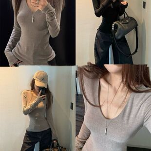 冬季 显瘦气质打底T恤女磨毛长袖 小众AW上衣 修身 2025冬日万能百搭