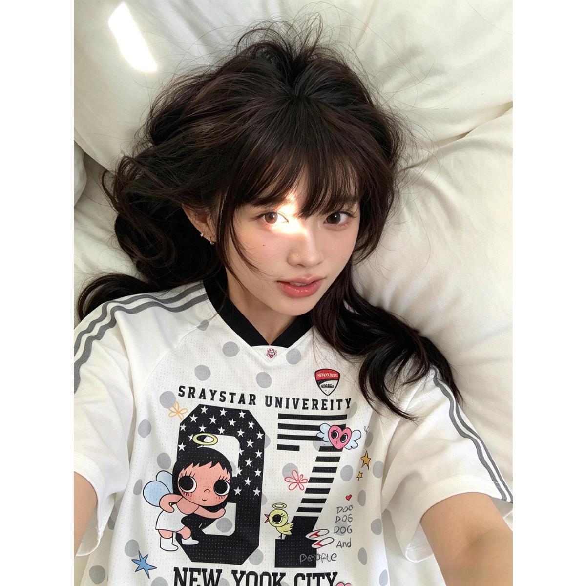 美式数字动漫波点v领短袖T恤球服女夏季网眼透气休闲运动半袖上衣