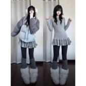 韩系复古波点裙摆叠穿长袖 上衣 打底衫 t恤女早春26新款 收腰中长款