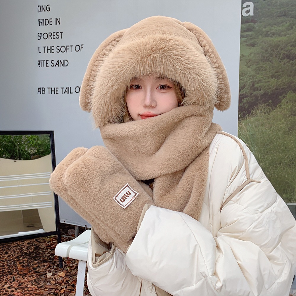 秋冬新款毛绒帽子围巾手套一体三件套女加绒加厚保暖可爱学生围脖