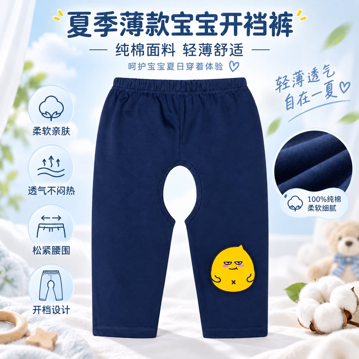 宝宝开裆裤夏季薄款纯棉婴儿长裤外穿男女童宽松1-3岁居家开档裤