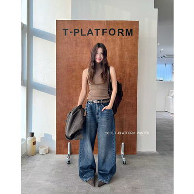 ［T台］T-PLATFORM广州十三行磨白做旧牛仔裤秋冬厚款拖地裤93178