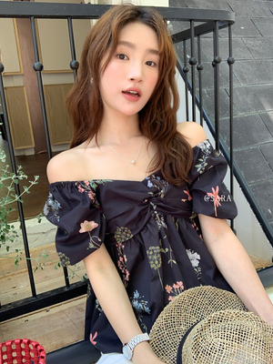 SARA法式碎花一字肩短袖衬衫女夏季新款设计感小众绝美上衣0033