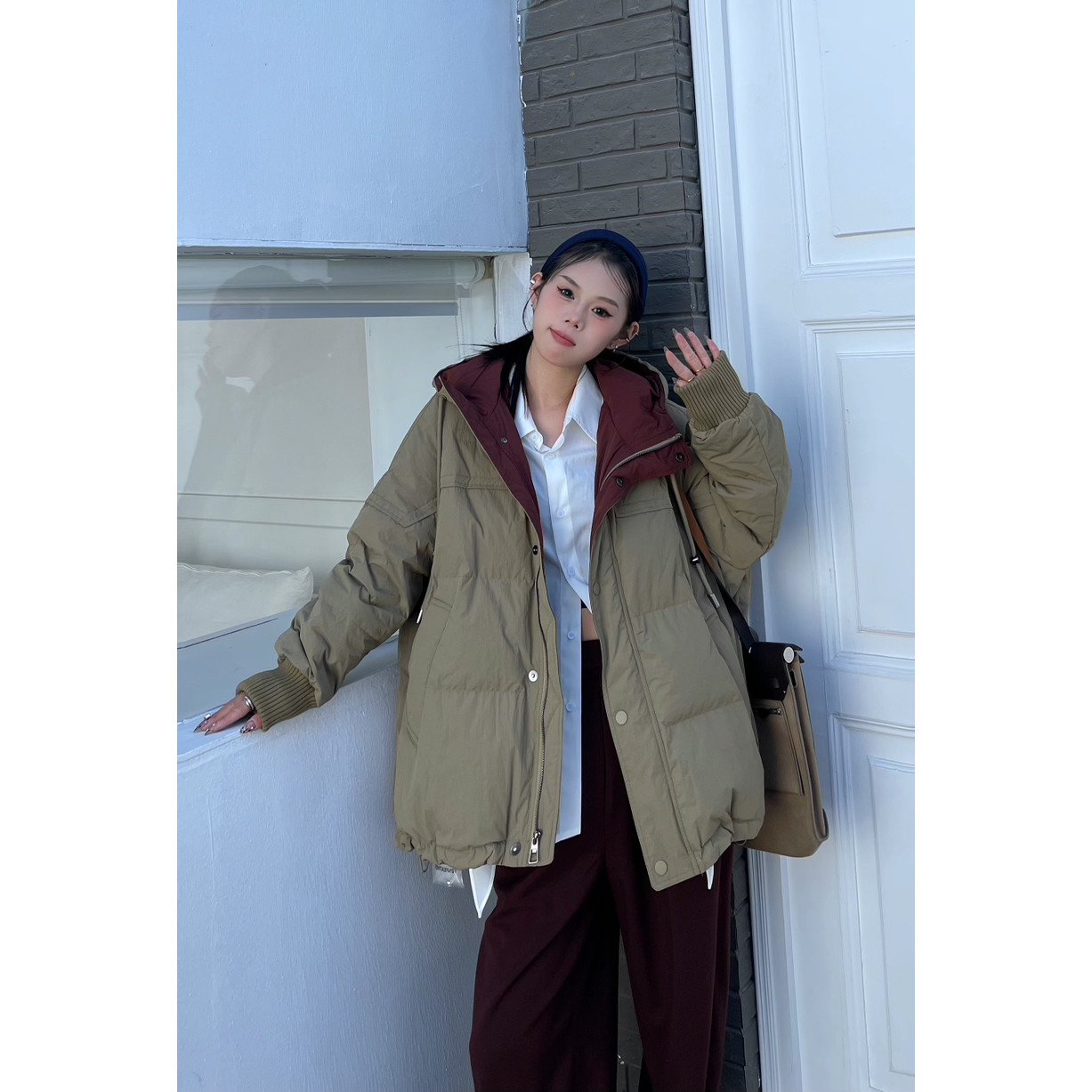 莉莉家 闲风宽松版型连帽保暖羽绒服外套（含90%白鸭绒）  80539