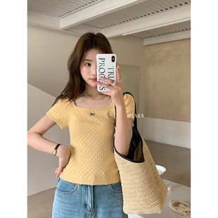 SARA 2292 法式 针织衫 LHHH 方领镂空蝴蝶结刺绣短袖