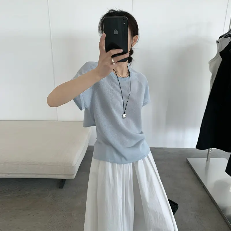 TG 小众插肩短袖针织衫女2025夏季新款前长后短露腰绑带上衣24809