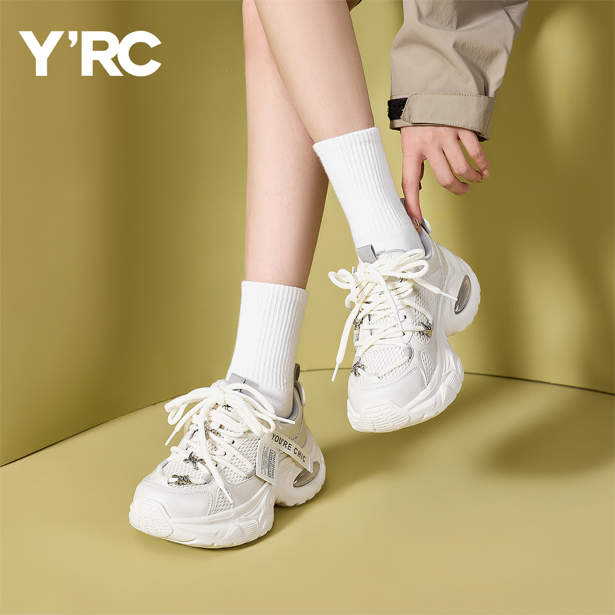 YRC网面老爹鞋女厚底2025秋季新款透气系带简约百搭显脚小运动鞋