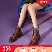 YRC马丁靴女新款 真皮高帮靴子方跟侧拉链商场同款 厚底短靴