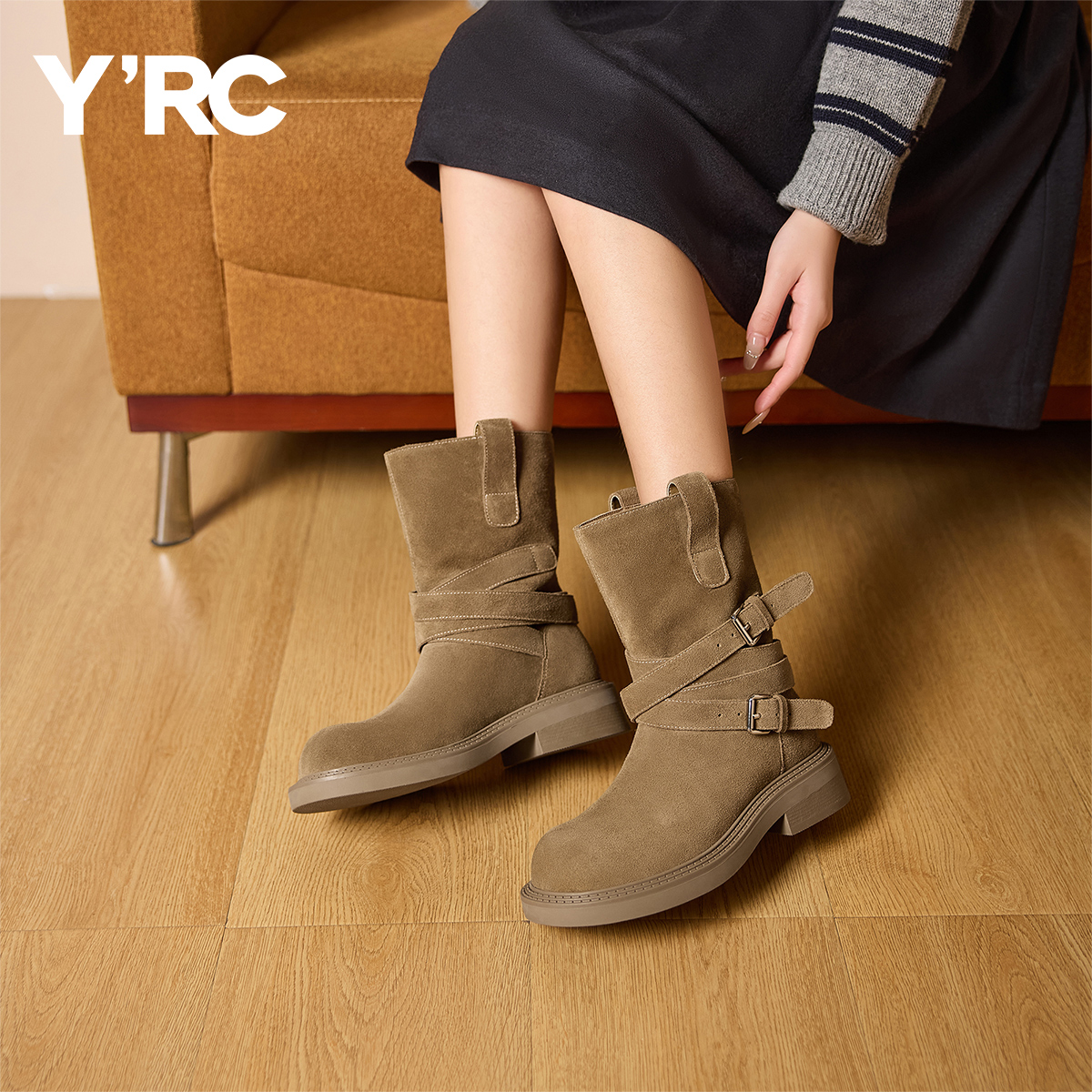 YRC牛反绒皮带扣马丁靴女2025冬季新款骑士套筒加绒堆堆西部靴