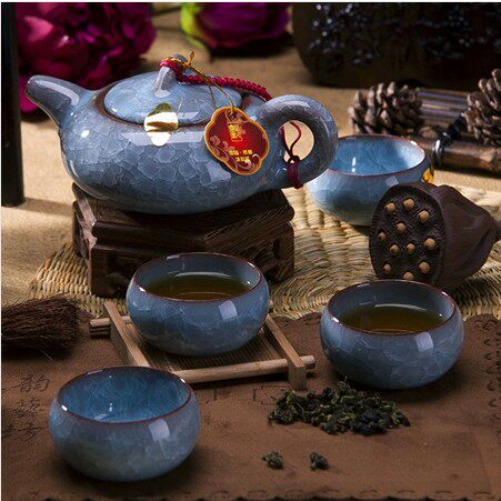 德化德强陶瓷1号蓝色8件套冰裂茶具高档礼盒包装 精品茶具