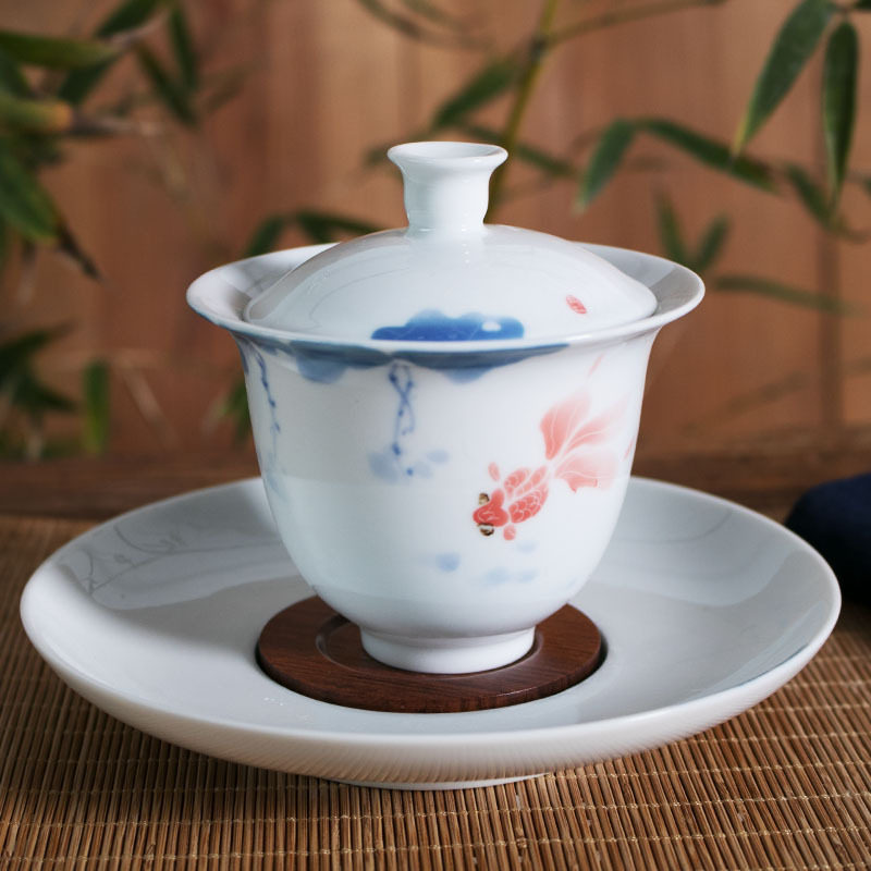 日式手绘釉下彩新年贺礼品年年有余系列大号粉彩三才盖碗功夫茶具