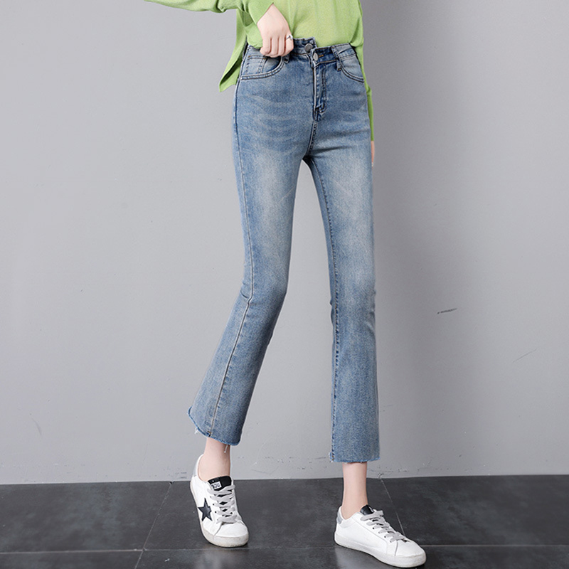 2021 autumn new elastic medium waist thin micro pull jeans womens small horn slim straight tube wide leg long pants