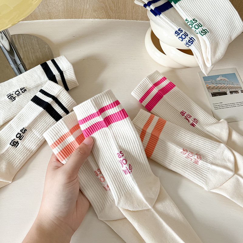 两条杠袜子女外穿中筒袜ins潮百搭字母条纹网红款学院风运动长袜